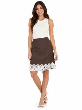 LOFT Women's Crochet Hem Linen Blend Brown A-line Skirt Size 8